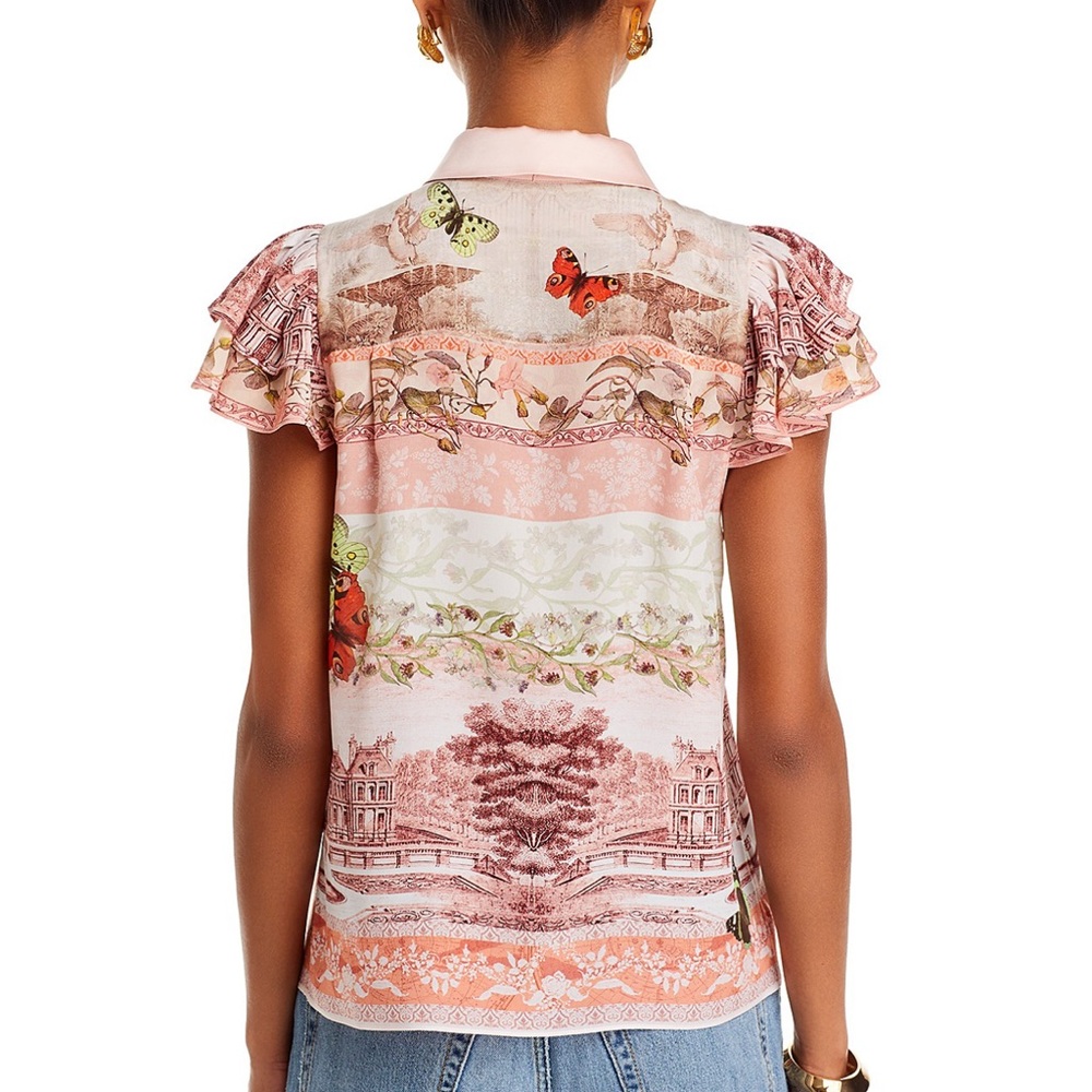 alice + olivia | Pink Versailles Minda Ruffle Tiered Short Sleeve Tie Top, M - Picture 4 of 16